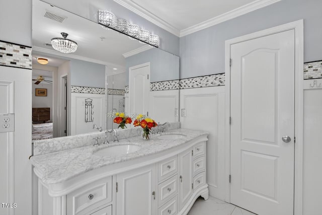 117 Sonoma Way, Chapel Hill, NC 27516 - full bathroom featuring double vanity, marble finish floors, crown molding, and a shower stall