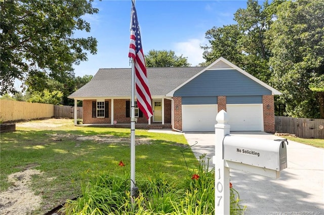 107 Beaumont Ct, Raeford, NC 28376 - view of front facade featuring a garage, concrete driveway, brick siding, a porch, and a shingled roof