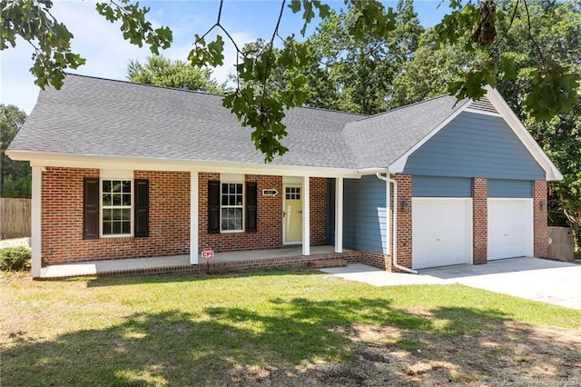 107 Beaumont Ct, Raeford, NC 28376 - single story home with an attached garage, brick siding, covered porch, driveway, and a shingled roof