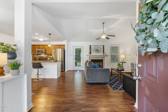 131 Abacos Ct, Clayton, NC 27520 - living area with dark wood-type flooring, ceiling fan, and a fireplace
