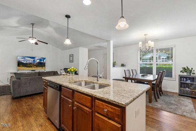 131 Abacos Ct, Clayton, NC 27520 - kitchen featuring dishwasher, wine cooler, dark wood-style floors, decorative light fixtures, and vaulted ceiling