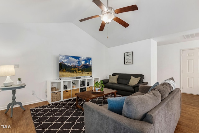 131 Abacos Ct, Clayton, NC 27520 - living room with dark wood-style floors, a ceiling fan, and high vaulted ceiling