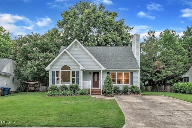 8 Great Oak Ct, Durham, NC 27713 - view of front facade with a porch, roof with shingles, concrete driveway, and a chimney