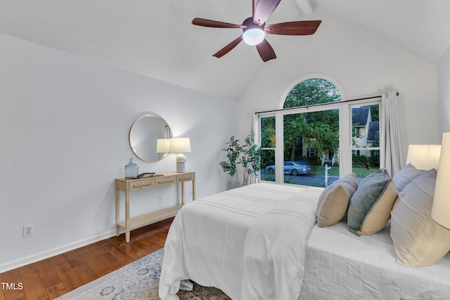 8 Great Oak Ct, Durham, NC 27713 - bedroom with wood finished floors, high vaulted ceiling, beam ceiling, and a ceiling fan