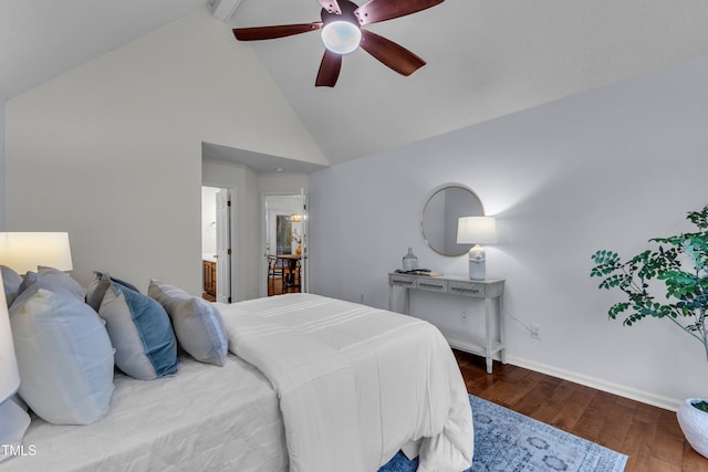 8 Great Oak Ct, Durham, NC 27713 - bedroom featuring high vaulted ceiling, wood finished floors, beam ceiling, and ceiling fan