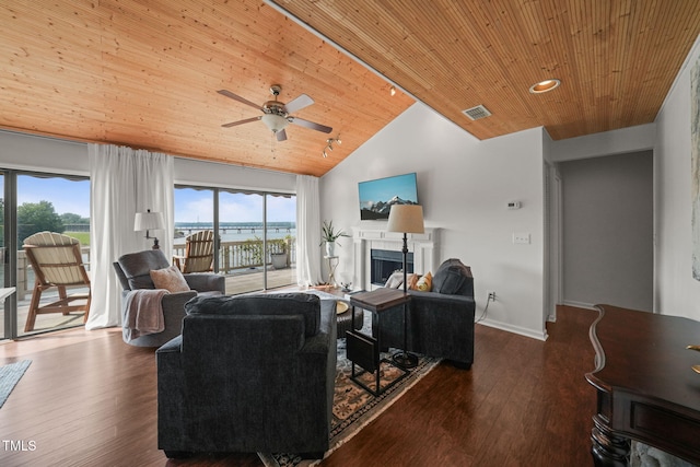 65 The Moorings Unit 65, Clarksville, VA 23927 - living room featuring wood ceiling, ceiling fan, wood finished floors, high vaulted ceiling, and a fireplace
