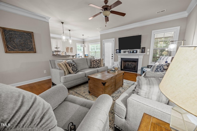 45 Chaucer Ct W, Zebulon, NC 27597 - living area featuring healthy amount of natural light, wood finished floors, a ceiling fan, crown molding, and baseboards