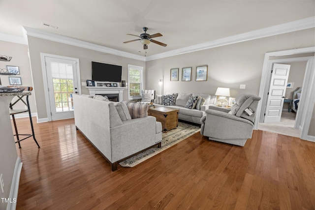 45 Chaucer Ct W, Zebulon, NC 27597 - living room with ceiling fan, wood finished floors, ornamental molding, a fireplace, and baseboards