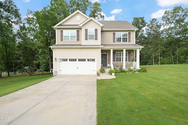 947 Weatherby Ln, Creedmoor, NC 27522 - view of front of property with covered porch, concrete driveway, a garage, and a front lawn