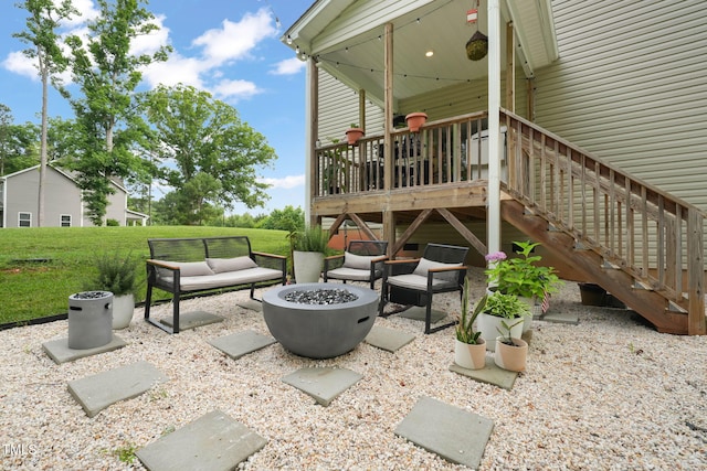 947 Weatherby Ln, Creedmoor, NC 27522 - view of patio / terrace featuring an outdoor living space with a fire pit, a deck, and stairs