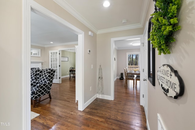 317 Hunters Creek Dr, Goldsboro, NC 27534 - hallway with dark wood-type flooring, crown molding, baseboards, and recessed lighting