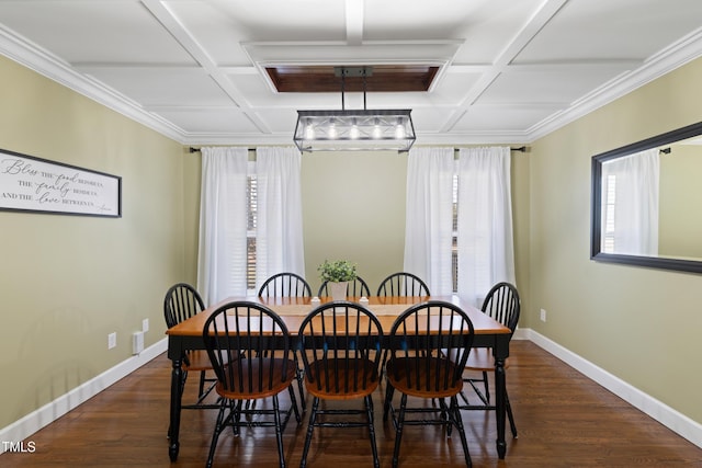 317 Hunters Creek Dr, Goldsboro, NC 27534 - dining room with coffered ceiling, plenty of natural light, baseboards, dark wood-style flooring, and beamed ceiling