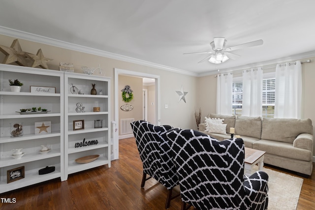 317 Hunters Creek Dr, Goldsboro, NC 27534 - living area featuring ornamental molding, a ceiling fan, and dark wood-style flooring