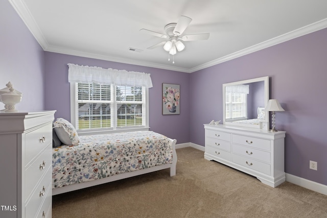 317 Hunters Creek Dr, Goldsboro, NC 27534 - bedroom featuring light carpet, multiple windows, crown molding, baseboards, and ceiling fan