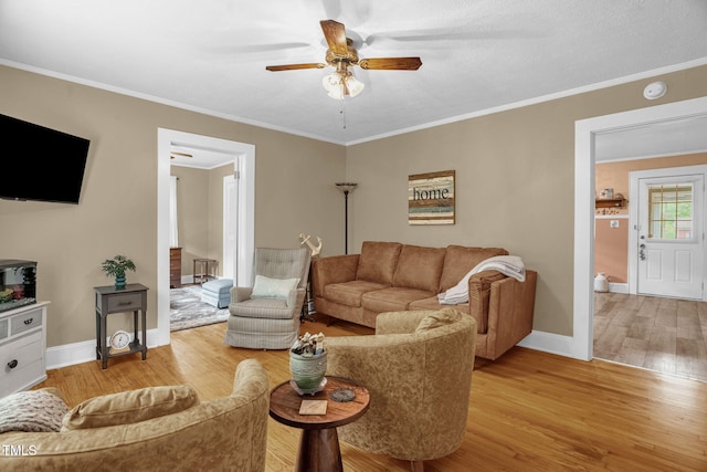 3315 Mebane Oaks Rd, Mebane, NC 27302 - living area featuring ceiling fan, light wood-style flooring, baseboards, and crown molding