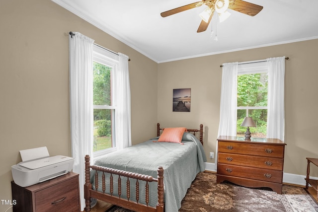 3315 Mebane Oaks Rd, Mebane, NC 27302 - bedroom with ornamental molding, baseboards, wood finished floors, and ceiling fan