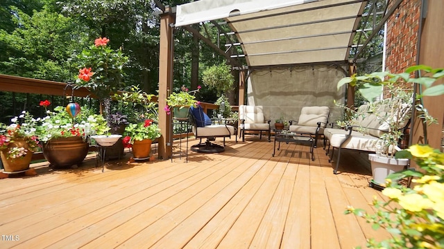 12037 Deer Run, Raleigh, NC 27614 - wooden terrace featuring a pergola and an outdoor hangout area