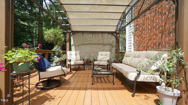 12037 Deer Run, Raleigh, NC 27614 - wooden terrace featuring an outdoor hangout area and a pergola