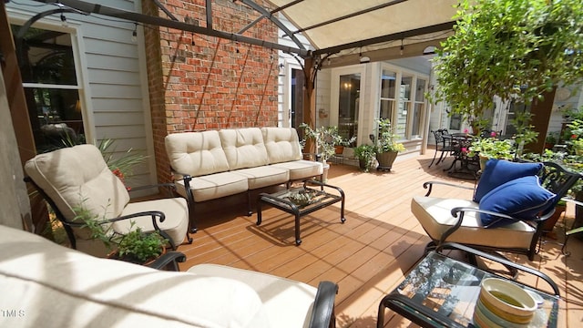 12037 Deer Run, Raleigh, NC 27614 - wooden terrace with an outdoor hangout area, outdoor dining area, and a gazebo