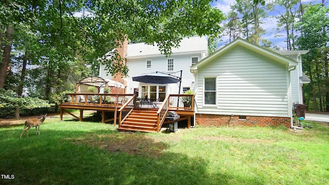12037 Deer Run, Raleigh, NC 27614 - rear view of property featuring crawl space, a wooden deck, a lawn, and stairs