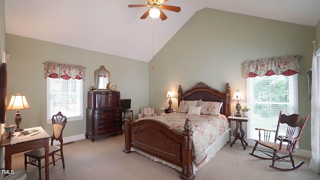 12037 Deer Run, Raleigh, NC 27614 - bedroom featuring light carpet, high vaulted ceiling, and a ceiling fan