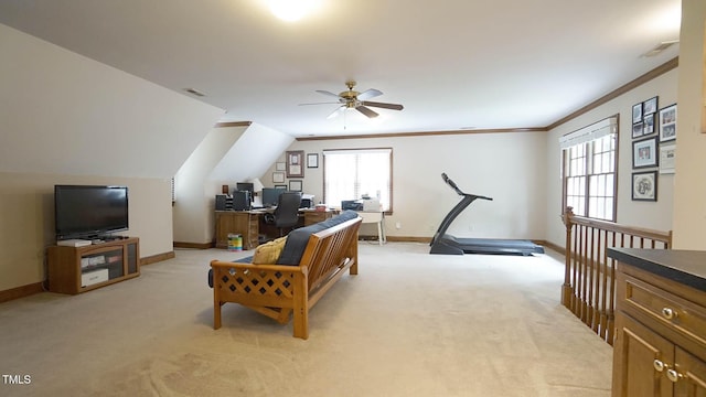 12037 Deer Run, Raleigh, NC 27614 - living area with a ceiling fan, light colored carpet, a desk, and crown molding