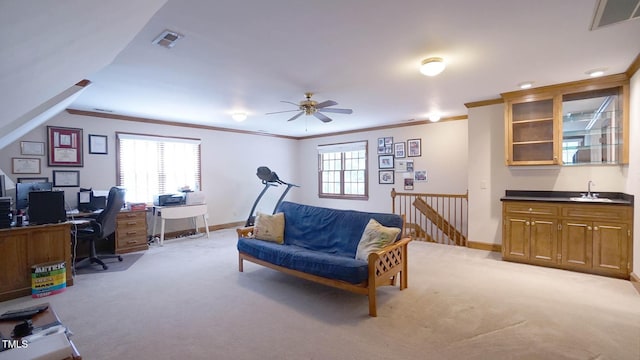 12037 Deer Run, Raleigh, NC 27614 - home office featuring light carpet, crown molding, a ceiling fan, and bar