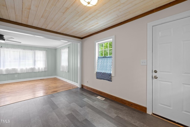 105 Hanna St, Carrboro, NC 27510 - unfurnished room featuring wood finished floors, wooden ceiling, crown molding, and ceiling fan