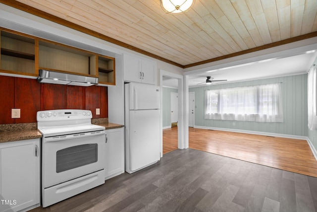 105 Hanna St, Carrboro, NC 27510 - kitchen with white appliances, extractor fan, wooden ceiling, open shelves, and white cabinetry