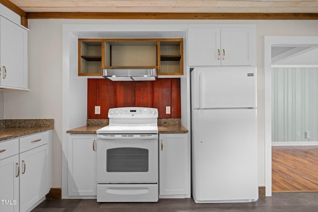 105 Hanna St, Carrboro, NC 27510 - kitchen with white appliances, exhaust hood, open shelves, and white cabinets