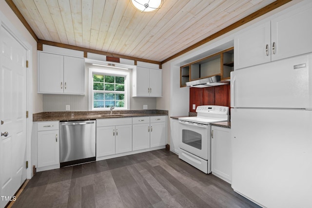 105 Hanna St, Carrboro, NC 27510 - kitchen with white appliances, under cabinet range hood, wood ceiling, white cabinets, and dark wood-style floors