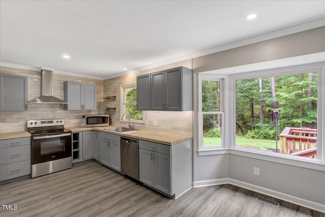 224 Oakcrest Dr, Wake Forest, NC 27587 - kitchen with wall chimney exhaust hood, appliances with stainless steel finishes, gray cabinets, a sink, and backsplash