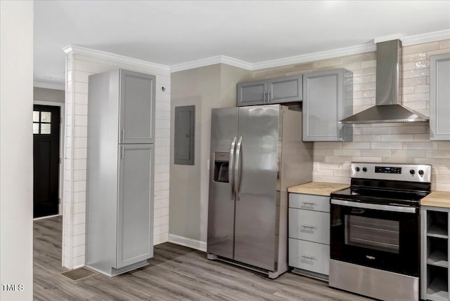224 Oakcrest Dr, Wake Forest, NC 27587 - kitchen with stainless steel appliances, wall chimney range hood, gray cabinetry, electric panel, and light wood finished floors