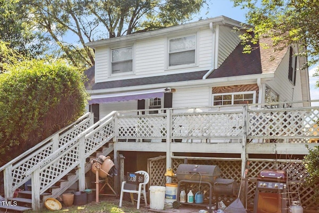 506 Currin St, Durham, NC 27703 - rear view of house with a wooden deck, a shingled roof, and stairs