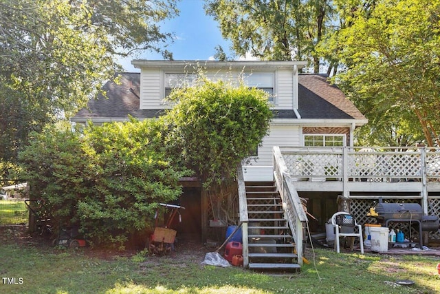 506 Currin St, Durham, NC 27703 - rear view of house featuring stairway, a deck, and roof with shingles