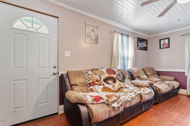 506 Currin St, Durham, NC 27703 - living area with ornamental molding, hardwood / wood-style floors, ceiling fan, and wooden ceiling