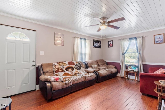 506 Currin St, Durham, NC 27703 - living room with light wood finished floors, a ceiling fan, wood ceiling, and crown molding