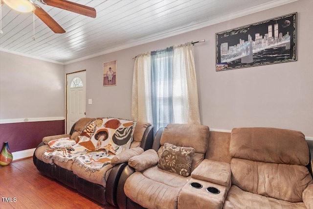 506 Currin St, Durham, NC 27703 - living area featuring crown molding, ceiling fan, hardwood / wood-style floors, and wood ceiling