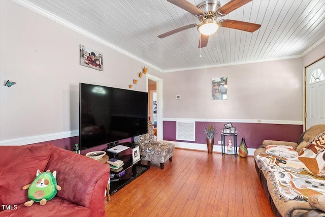 506 Currin St, Durham, NC 27703 - living area featuring wood ceiling, crown molding, hardwood / wood-style flooring, and ceiling fan