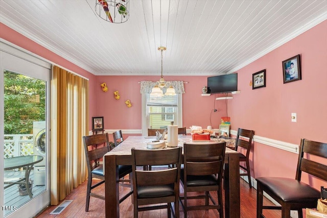 506 Currin St, Durham, NC 27703 - dining space featuring crown molding, plenty of natural light, a chandelier, hardwood / wood-style floors, and wood ceiling