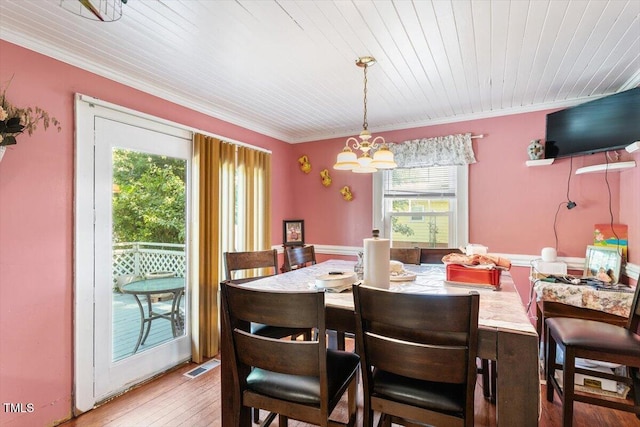 506 Currin St, Durham, NC 27703 - dining space featuring crown molding, a chandelier, wood ceiling, and hardwood / wood-style flooring