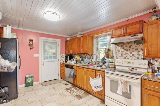 506 Currin St, Durham, NC 27703 - kitchen with stainless steel appliances, under cabinet range hood, tasteful backsplash, brown cabinets, and crown molding