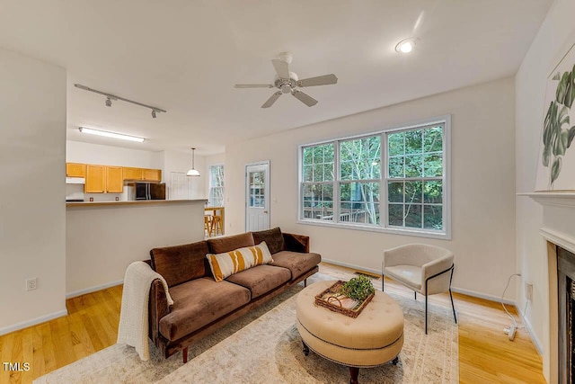 244 Sweet Bay Pl, Carrboro, NC 27510 - living room featuring track lighting, light wood finished floors, a ceiling fan, baseboards, and a fireplace