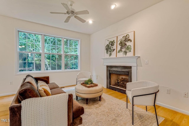 244 Sweet Bay Pl, Carrboro, NC 27510 - living area with wood finished floors, a premium fireplace, ceiling fan, and baseboards