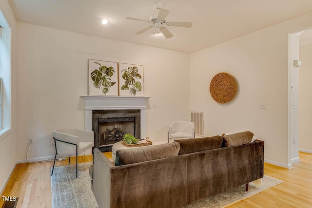 244 Sweet Bay Pl, Carrboro, NC 27510 - living room with a high end fireplace, light wood-style flooring, baseboards, and a ceiling fan