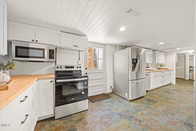 800 Camden Ave, Durham, NC 27701 - kitchen featuring stainless steel appliances, wooden counters, white cabinets, wooden ceiling, and recessed lighting