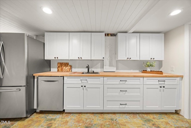 800 Camden Ave, Durham, NC 27701 - kitchen featuring wooden counters, appliances with stainless steel finishes, recessed lighting, white cabinets, and wooden ceiling