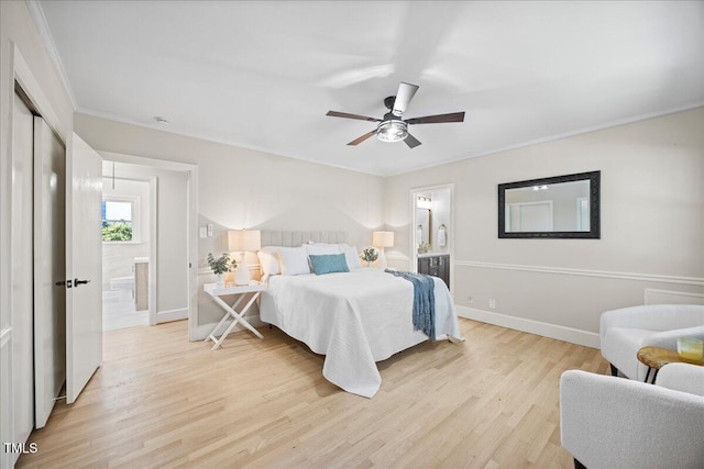 800 Camden Ave, Durham, NC 27701 - bedroom featuring light wood-type flooring, connected bathroom, baseboards, crown molding, and ceiling fan