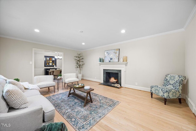 800 Camden Ave, Durham, NC 27701 - living area with light wood-type flooring, recessed lighting, a chandelier, a high end fireplace, and crown molding