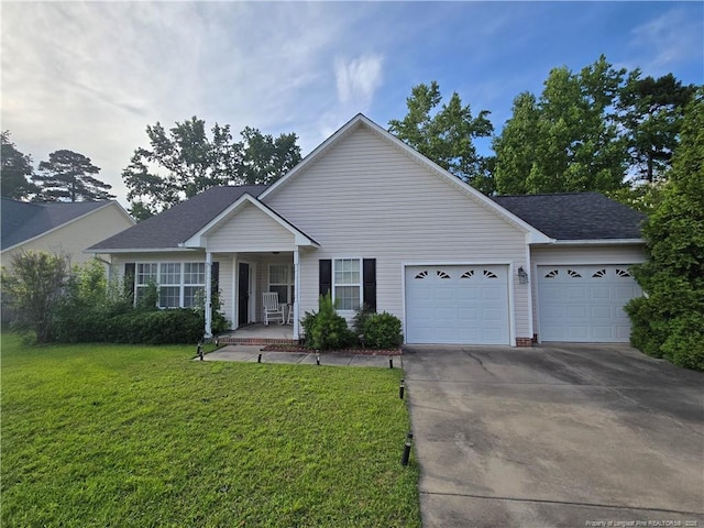 5516 Hall Glen Dr, Hope Mills, NC 28348 - ranch-style house with an attached garage, covered porch, concrete driveway, a front lawn, and a shingled roof
